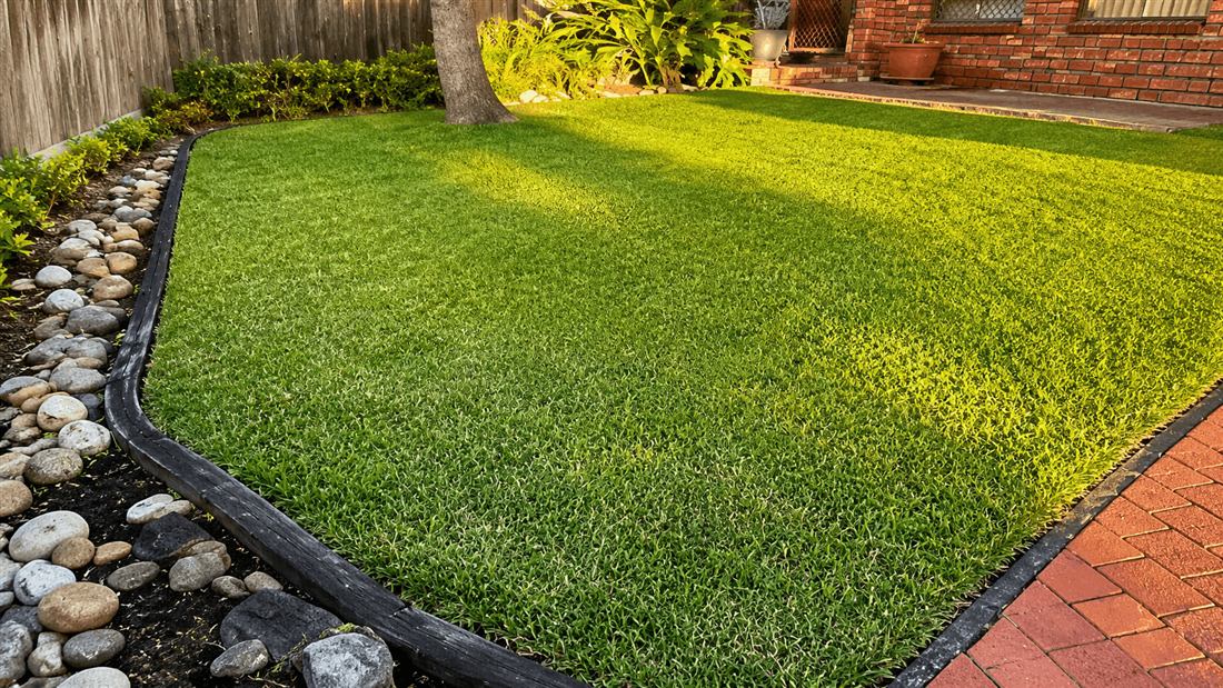 Lawn with crisp edges along timber garden edging and brick paving by Apex Gardening Group